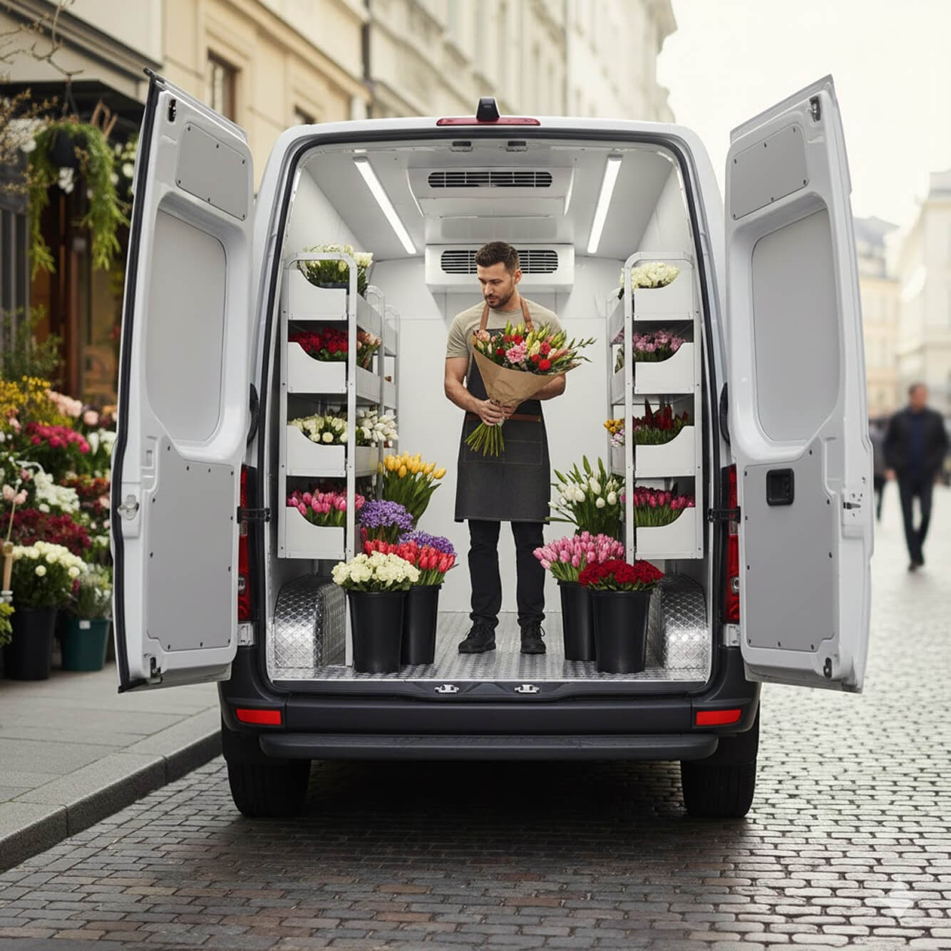 Florist standing inside a refrigerated van with flowers