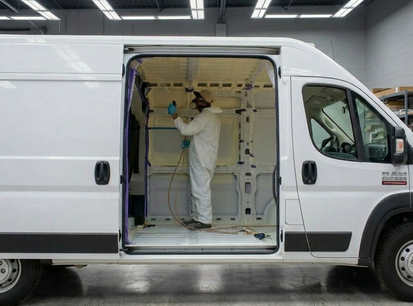 Closed-cell spray foam insulation inside a refrigerated van cargo area