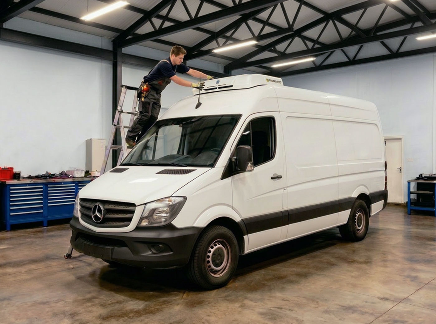 Technician installing a roof-mounted refrigeration unit on a commercial van