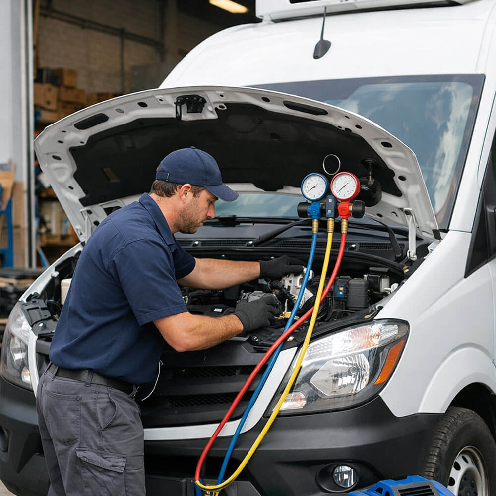 Technician servicing a refrigerated van